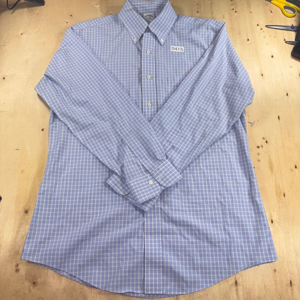 Brooks Brothers Mens 15.5 33 Slim Fit Non Iron Check Button Down Shirt Blue